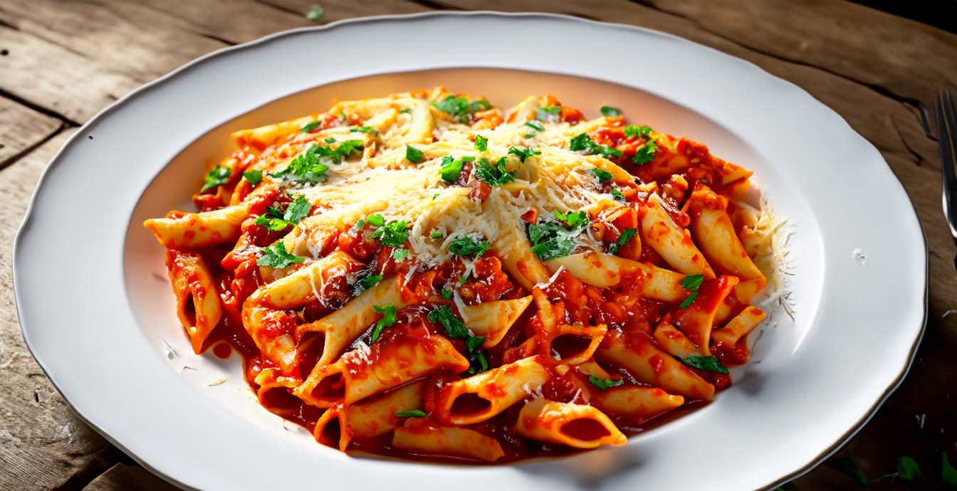 Eine Schüssel mit Penne all'Arrabiata, garniert mit frischer Petersilie und geriebenem Parmesan, serviert auf einem weißen Teller.