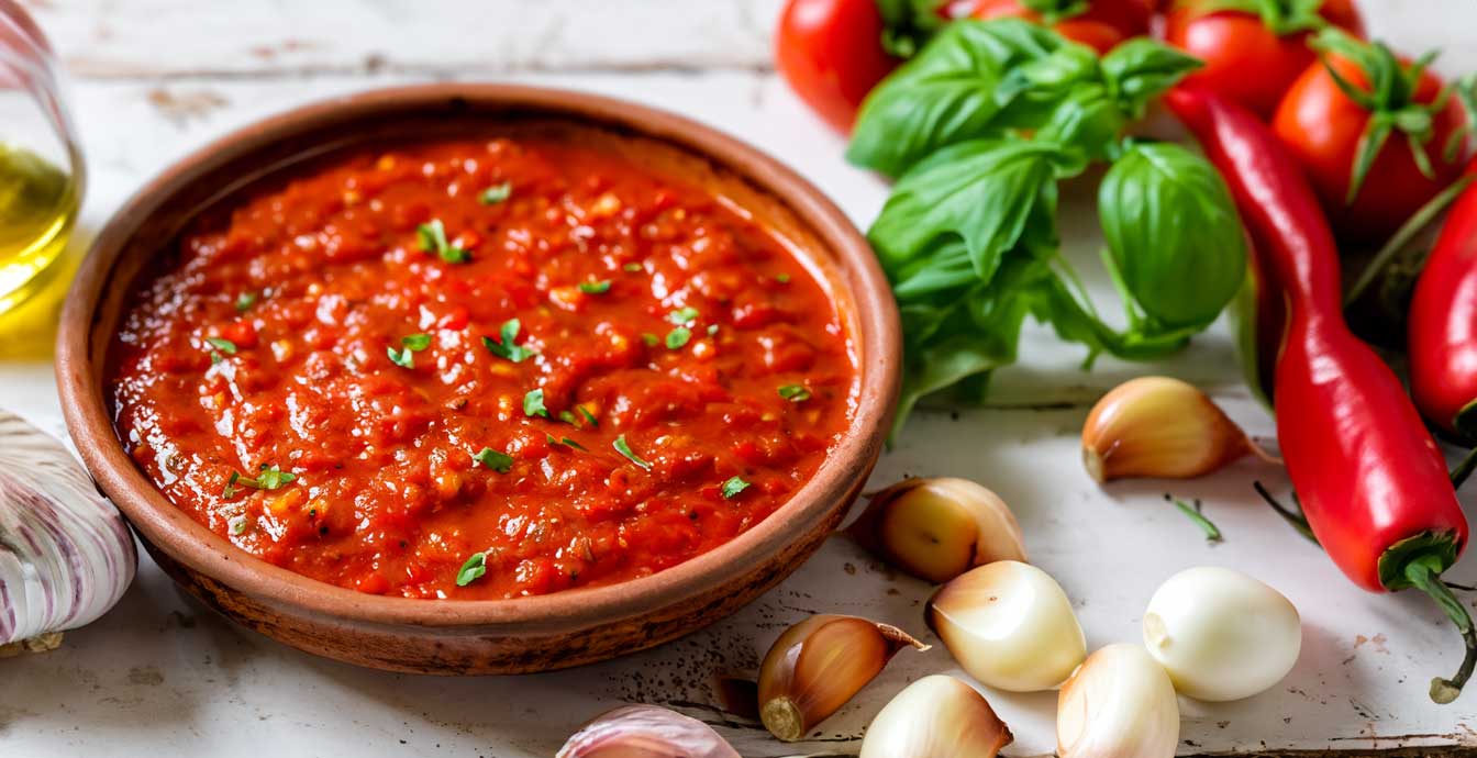 Eine Schüssel mit Penne all'Arrabiata, garniert mit frischer Petersilie und geriebenem Parmesan, serviert auf einem weißen Teller.