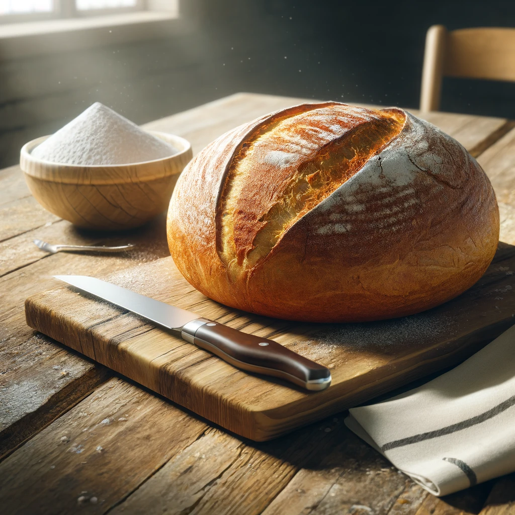 Frisch gebackenes Brot mit knuspriger Kruste auf einem rustikalen Holztisch, umgeben von einem Brotmesser, Mehlspuren, einer Schale mit Wasser und einem Küchentuch.