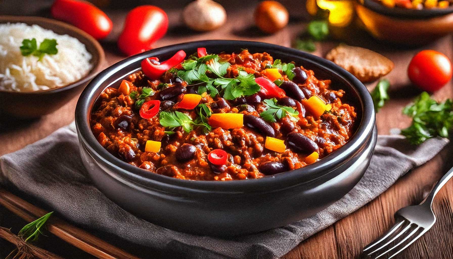 Chili con Carne serviert in einer Schüssel mit Reis und Kräutern