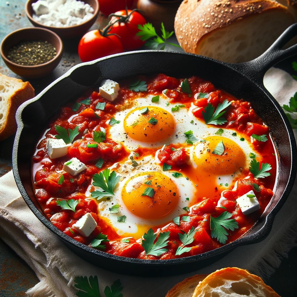 Shakshuka in Pfanne, Pochierte Eier in Tomatensauce, Israelisches Frühstücksgericht