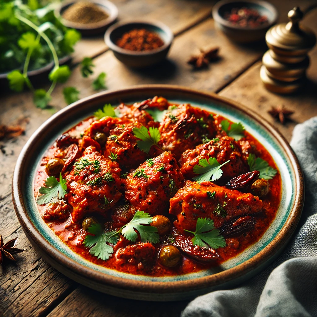 Kashmiri Chicken in roter Sauce serviert mit Korianderblättern auf einem rustikalen Tisch