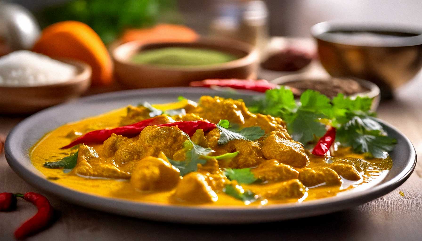 Aromatisches Currygericht mit Kubebenpfeffer, verfeinert mit Kokosmilch und Kurkuma, asiatisch inspiriert