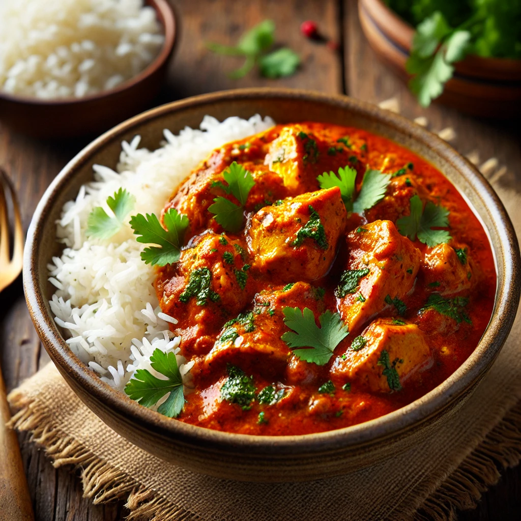 Madras Chicken Curry serviert mit Reis