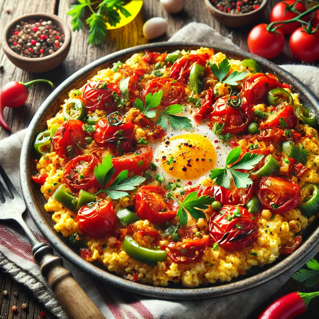 Menemen auf hölzernem Tisch serviert