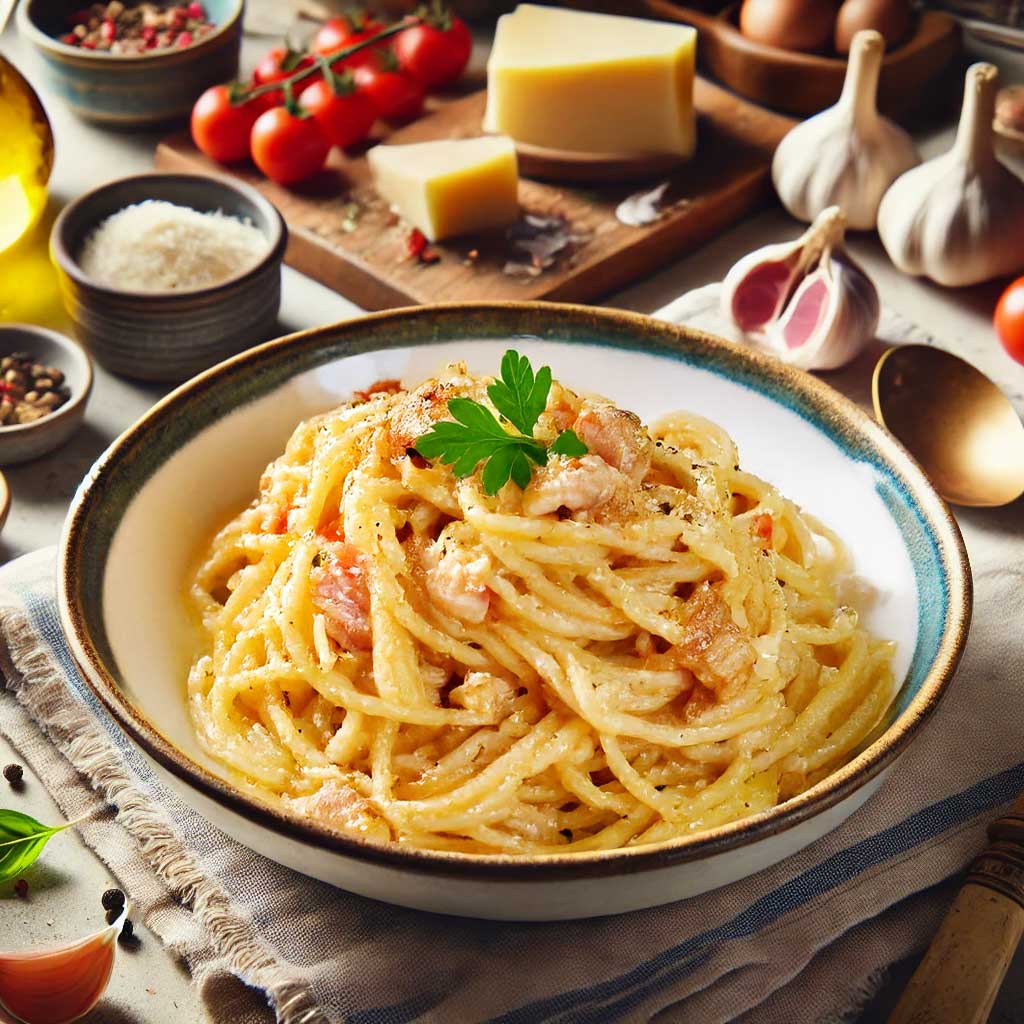 Ein Teller mit cremigen Spaghetti Carbonara, garniert mit geriebenem Pecorino und knusprigem Guanciale.