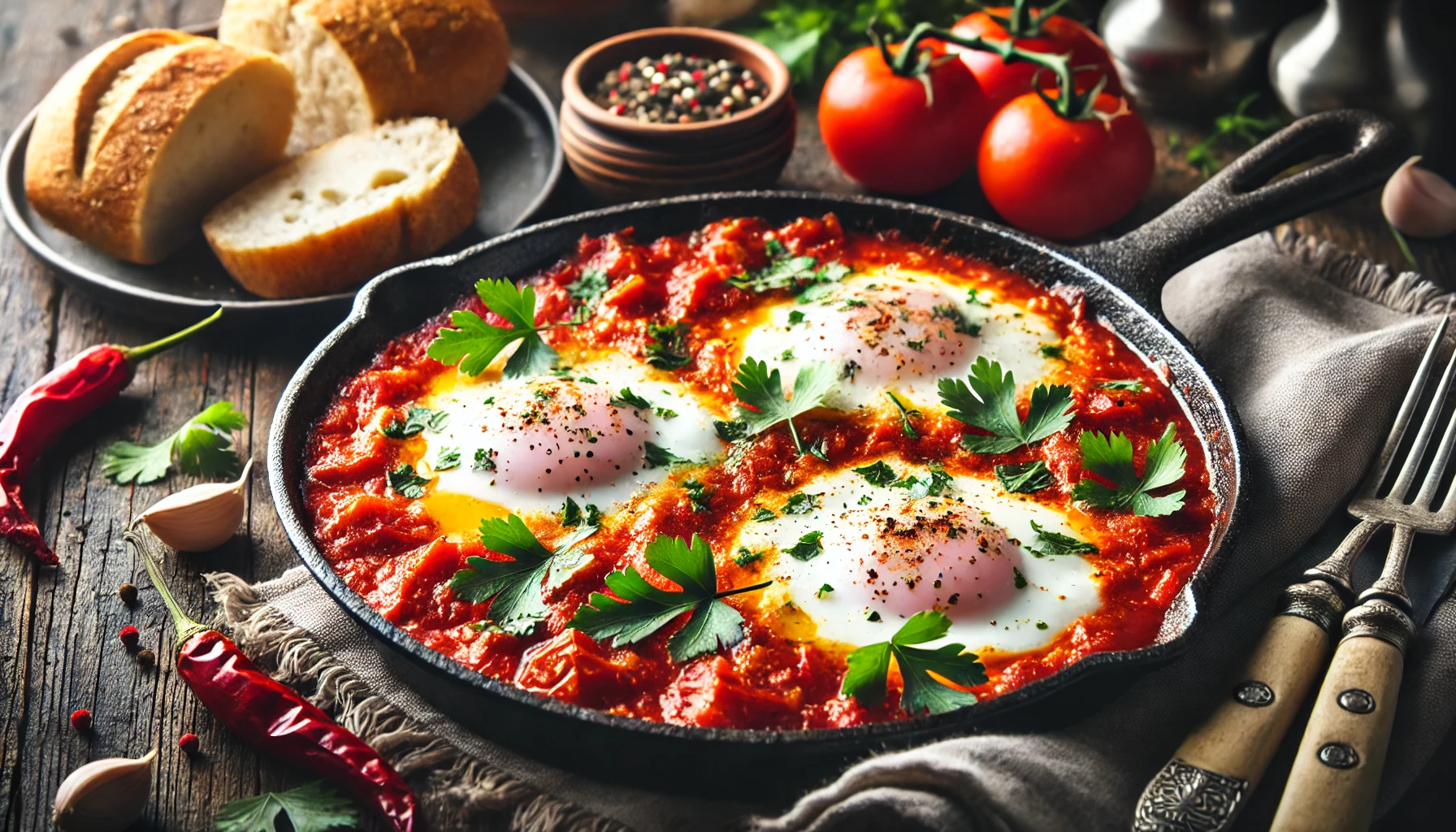 Shakshuka in einer Pfanne, mit frischen Kräutern und Brot serviert