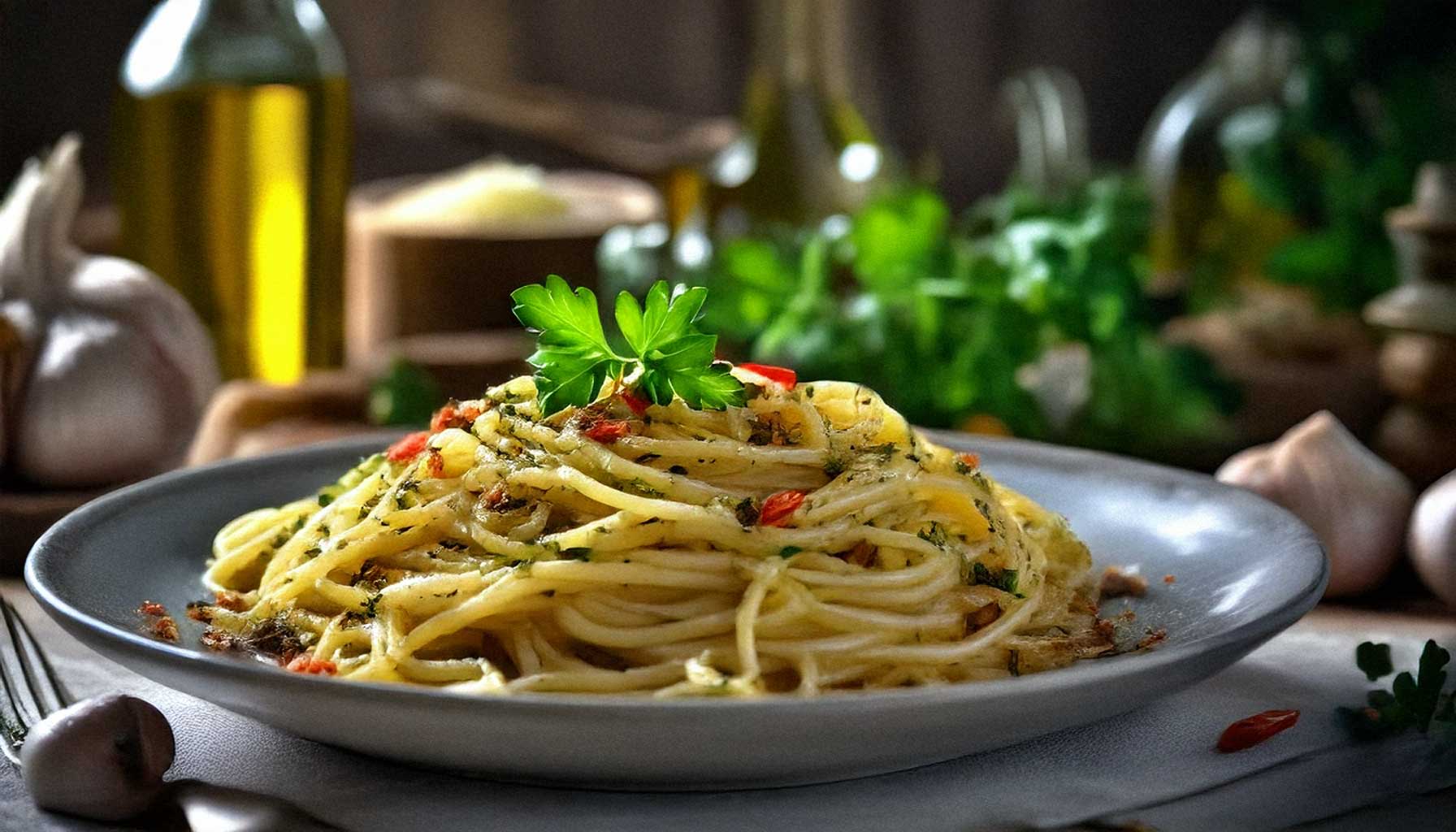 Ein Teller Spaghetti Aglio e Olio mit Knoblauch und Chili