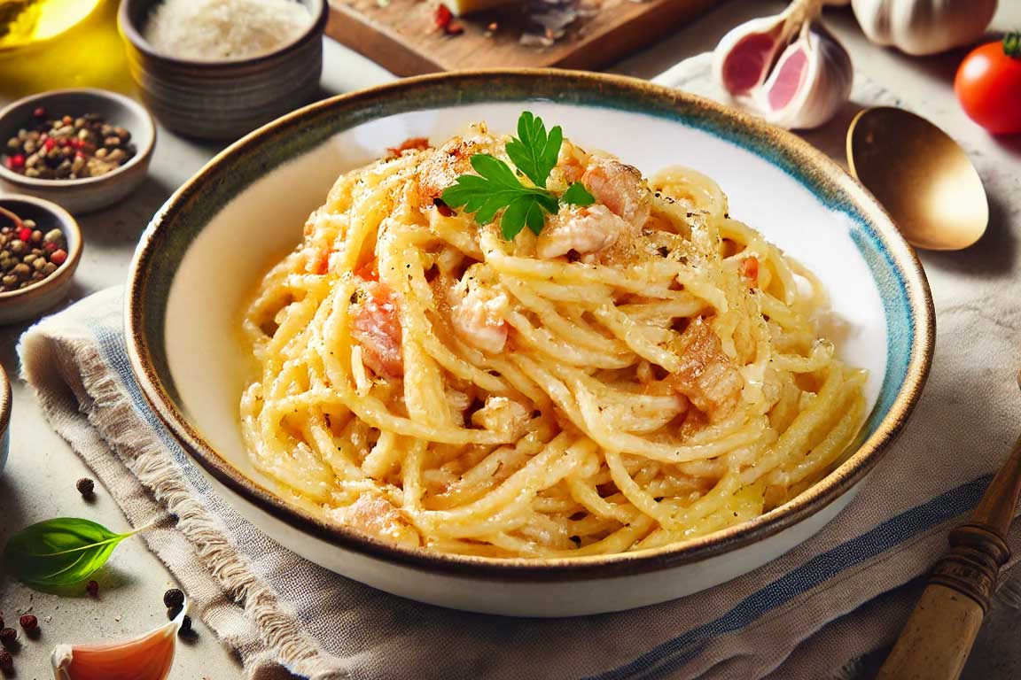 Ein angerichteter Teller Spaghetti Carbonara, verfeinert mit frischem Pecorino und Pfeffer.