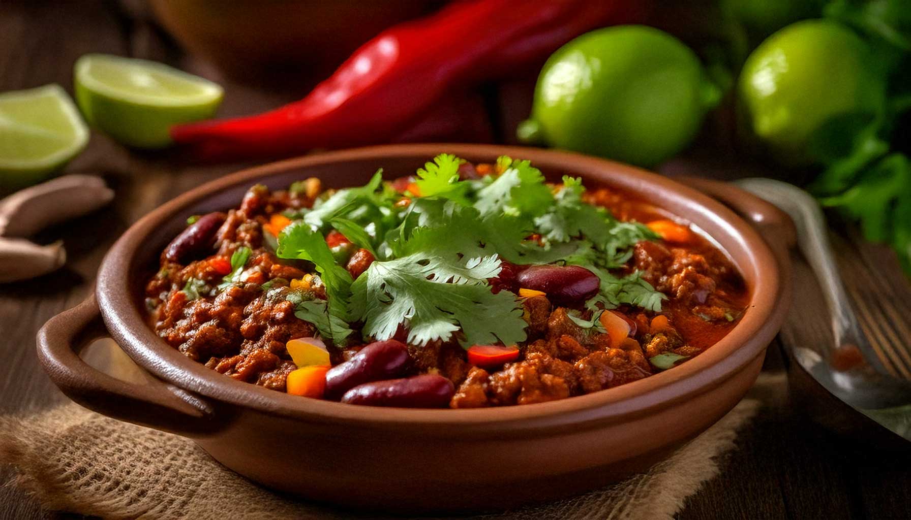 Ein Schüssel mit veganem Chili Con Carne, garniert mit frischem Koriander