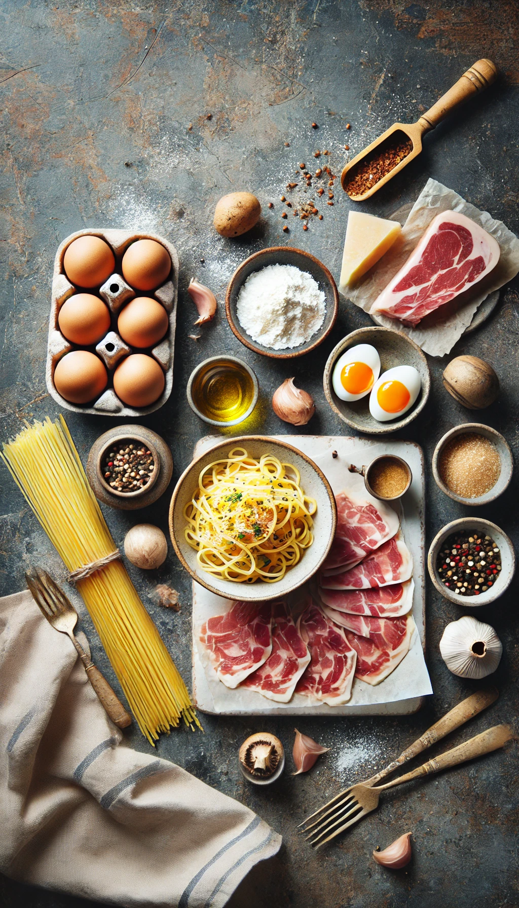 Alle Zutaten für Spaghetti Carbonara: Guanciale, Pecorino, Spaghetti, Eier und Pfeffer.